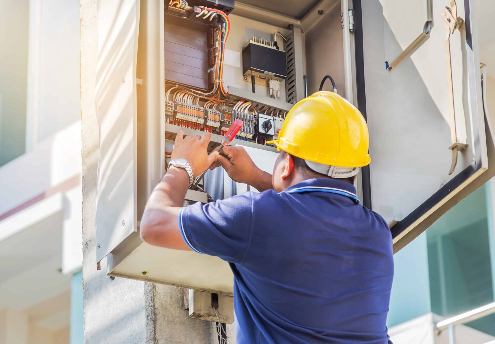 Electrician screwing equipment repairing in fuse circuit breaker box