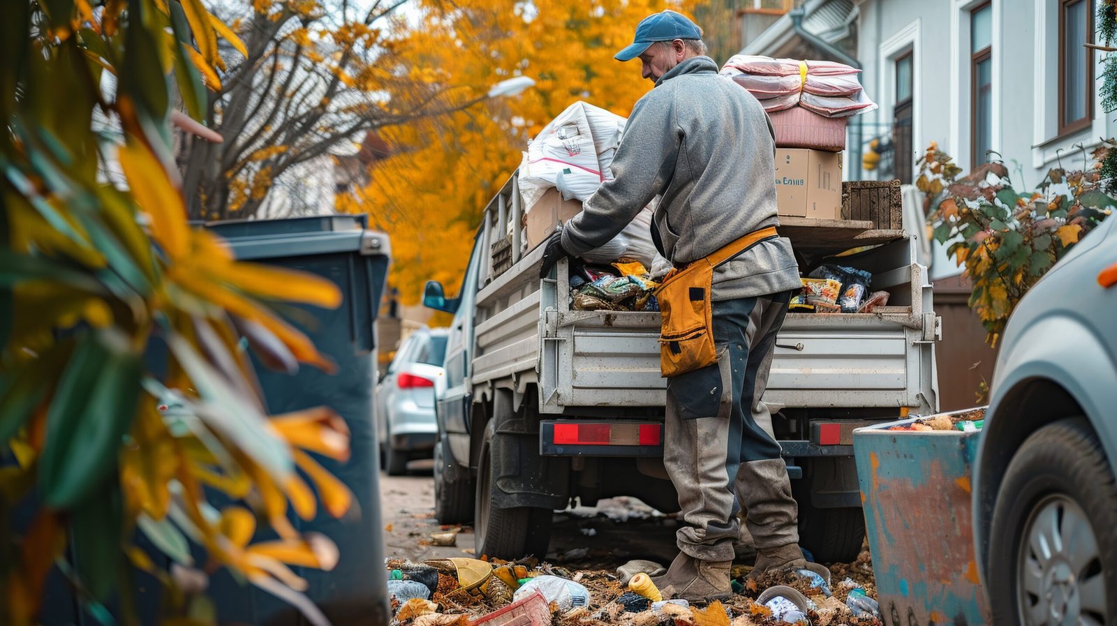 Trash collector loading discarded items onto a pickup truck